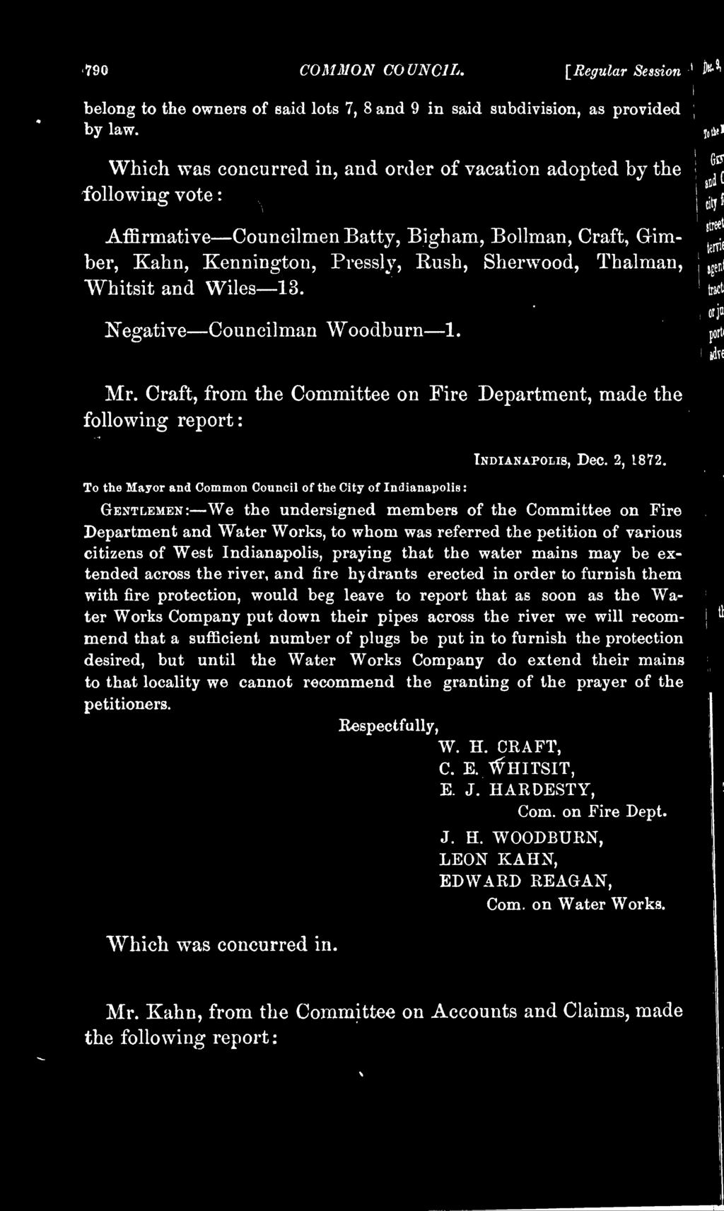 Department and Water Works, to whom was referred the petition of various citizens of West Indianapolis, praying that the water mains may be extended across the river, and fire hydrants erected in