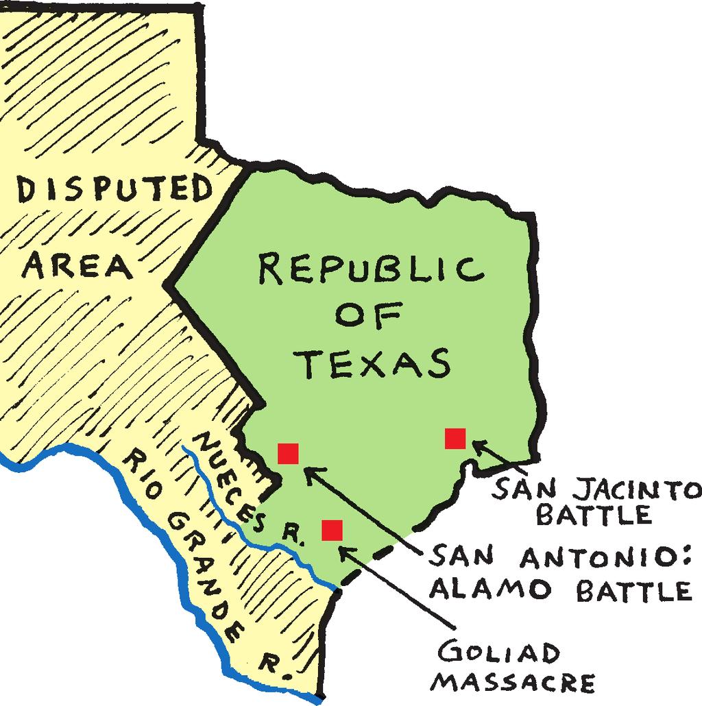 Travis, James Bowie, and Davy Crockett. Then, on March 27, the Mexicans massacred 342 rebels at Goliad. On April 21 General Sam Houston turned the tide.