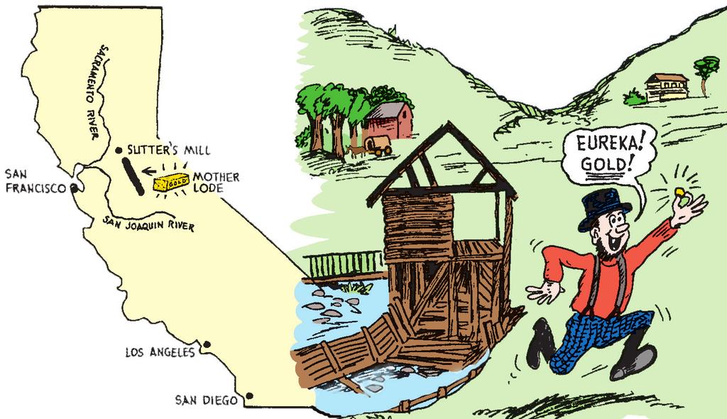 THE GOLD RUSH BEGAN! By 1849 more than 90,000 gold-seekers had come to California by land and by sea.