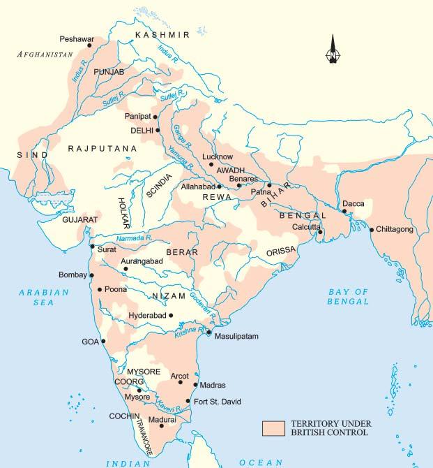 REBELS AND THE RAJ 297 Map 1 Territories under British control in 1857 Source 3 Sketch map not to scale which did not wail out the cry of agony in separation of Jan-i-Alam.