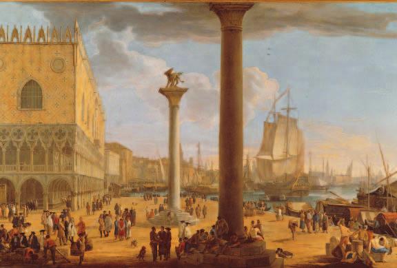 This painting by Luca Carlevaris, titled The Pier and the Ducal Palace, shows the wealth associated with Venice.