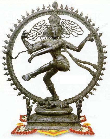 Chola dynasty (10th century to 13th century). The sculpture shows Shiva dancing within a circle of fire.