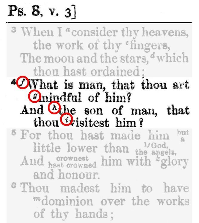 2 Here is Psalm 8:4 in the Aletheia AV & RV Bible. It has four groups of crossreferences, identified as f, g, h, and i. a. The cross-referenced passages that go with this verse are printed below.