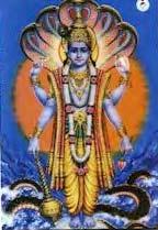 Vishnu : preserver Four arms: four directions: all pervading LR : Conchshell (Panchajanya) : symbol of five elements UR: (Sudarshana-chakra)