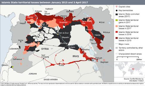 Islamic State lose almost half their original territory Data available from Conflict Monitor: Interactive control maps in weekly increments reaching back to January