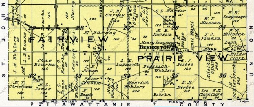 Here are two barely-readable plats: 1902 - Southern La Grange Township, Harrison County, Iowa from the