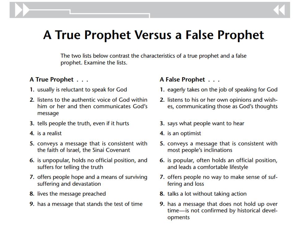 A True Prophet Versus a False Prophet The two lists below contrast the characteristics of a true prophet and a false prophet. Examine the lists. A True Prophet... 1.