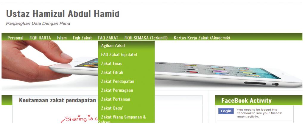 128 Jurnal Pengurusan 42 Ustaz Hamizul Abdul Hamid (Perseorangan) Secara keseluruhannya tidak banyak laman sesawang berkaitan zakat dibangunkan oleh orang perseorangan atau individu.