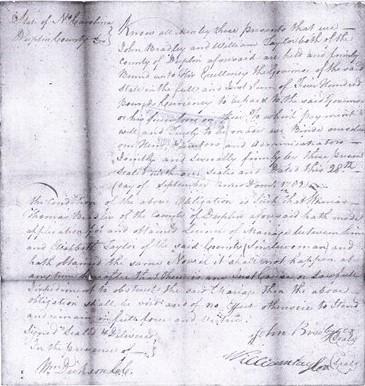 Marriage bond for Thomas Bradley and Elizabeth Taylor, dated September 28, 1782 shillings Sxxxxx for his services (in) the Militia x Xxturned in Pay Roll No 400 Davis Holmes Cox 12-10-0 (Signed by) W