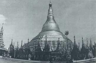 The golden Shwedagon pagoda, near Rangoon, Burma Over time the shape has evolved from a more hemispherical form similar to the monuments at Sanchi to the graceful golden bell shape typical of Burmese
