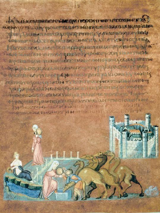 Rebecca and Eliezer at the well, folio 7 recto of the Vienna Genesis, early sixth century. Vienna Genesis is the oldest well preserved painted manuscript containing biblical content.