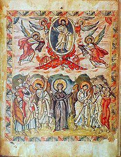 Ascension of Christ, folio 13 Verso of the Rabbula Gosphels. Verso Front, Recto Back, Latin.