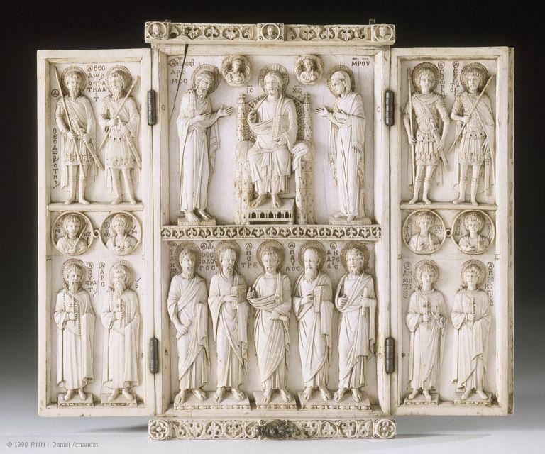 Middle Byzantine Art Christ enthroned with saints (Harbaville Triptych) 950 Ce Ivory Carving Triptych ( 3 panels) Portable shrine with hinged wings used for private devotion (Prayer) On either