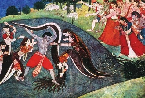 This painting of Krishna battling with a demon in the form of a snake was created in 1785.