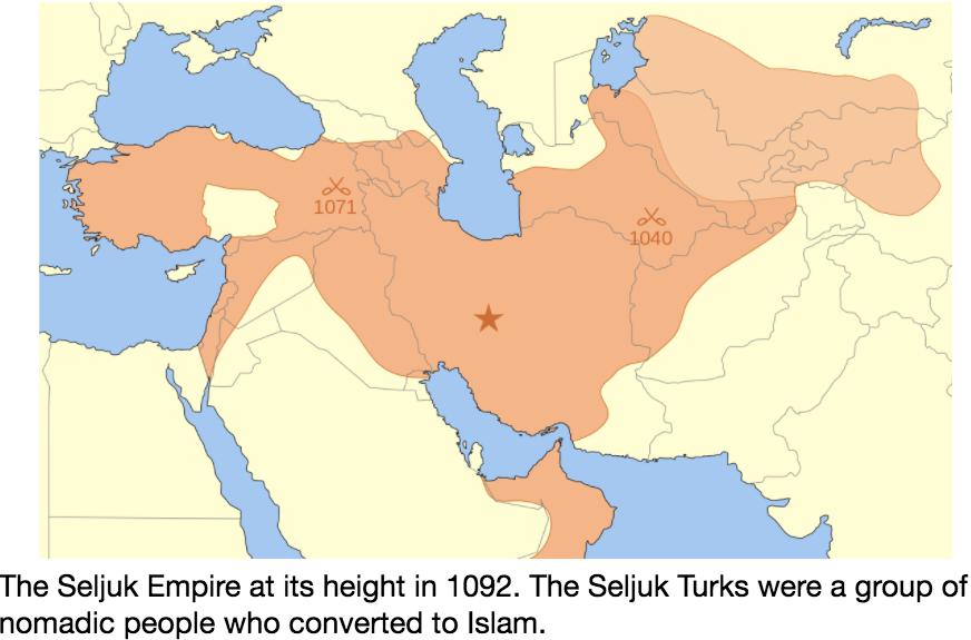 By the start of the First Crusade in 1095, the Seljuk Empire was no longer unified. The empire was divided and the rulers of each section were concerned with consolidating their own power.