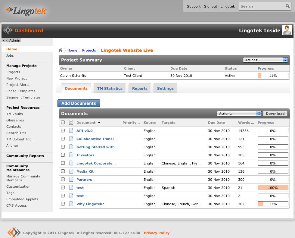 Lingotek Dashboard Manage Projects Project Resources Community Reports