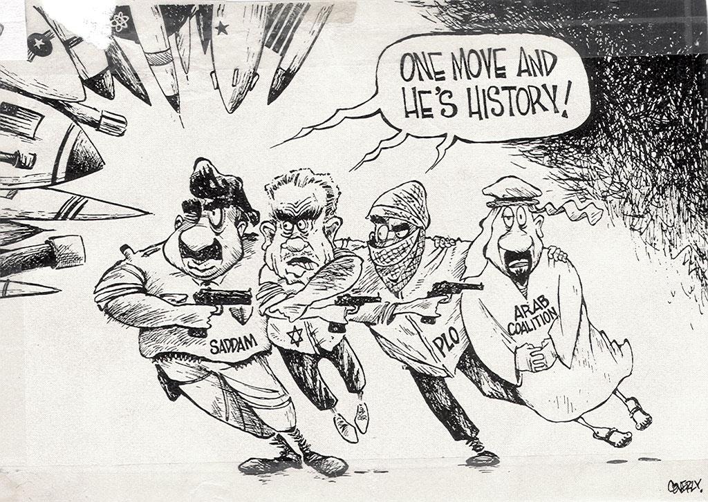 According to this cartoonist, why did Saddam Hussein attack Israel during the 1991 Gulf War?