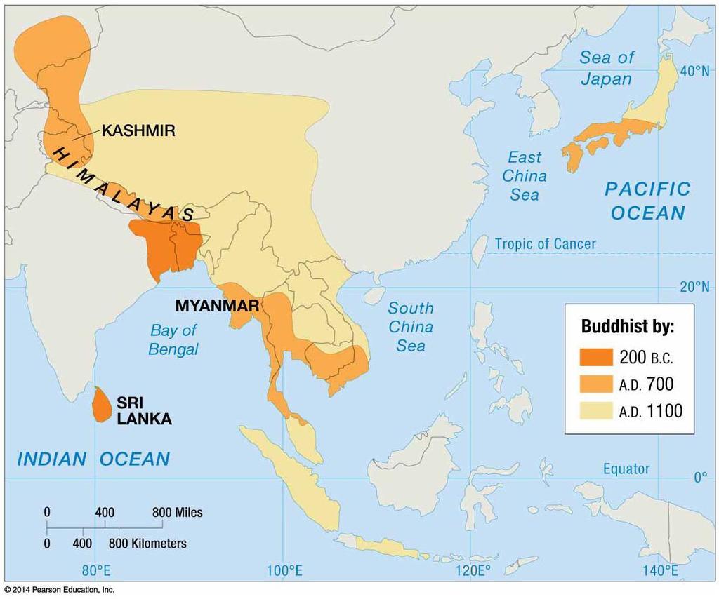 BUDDHISM DIFFUSED RELATIVELY SLOWLY FROM ITS ORIGIN IN NORTHEASTERN INDIA.