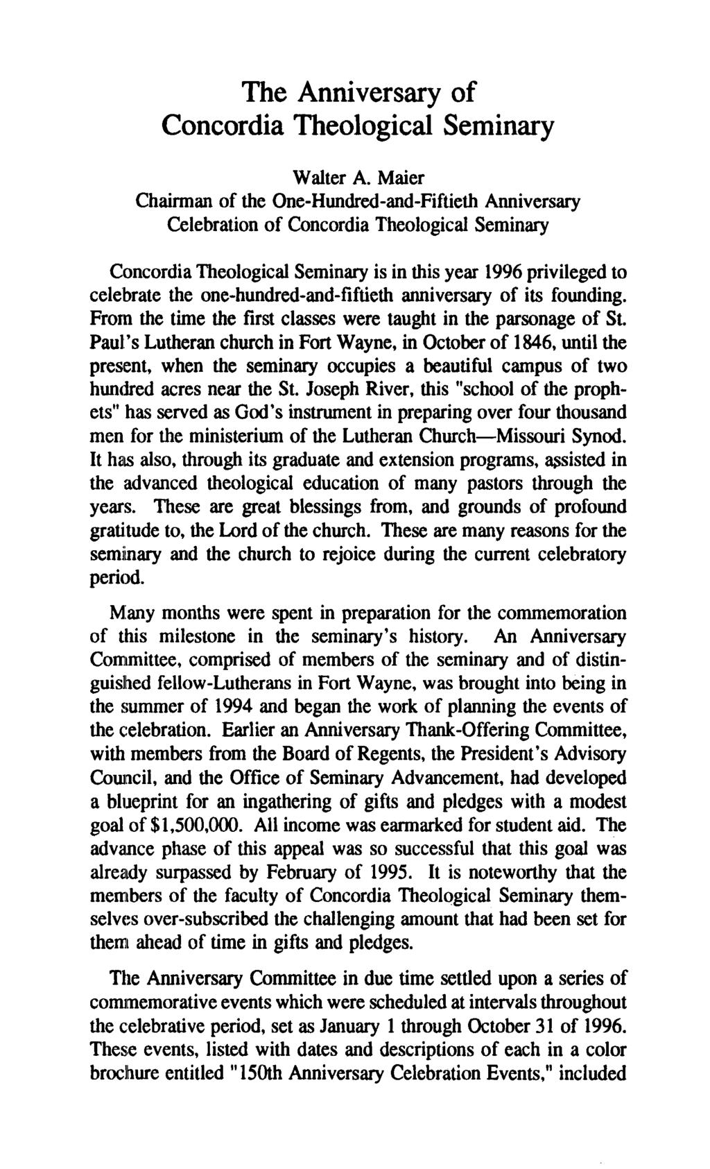 The Anniversary of Concordia Theological Seminary Walter A.