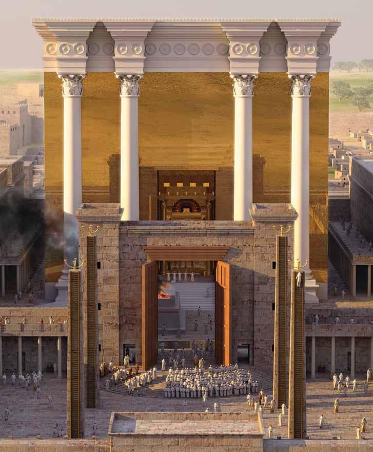 The Second Temple Pictured at the bottom center is the Court of the Women with the great lampstands that burned day and night and the bronze Nicanor Gate opened and looking into the Court of the