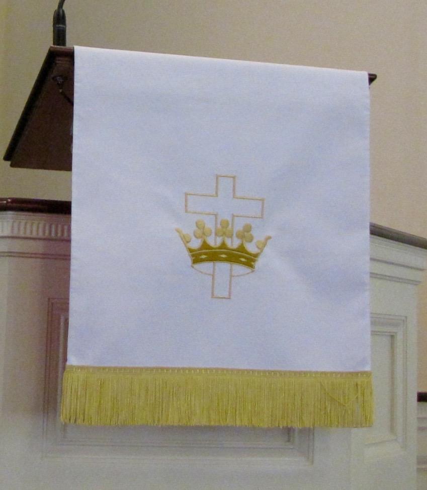 White Paraments (linens hanging from the pulpit & lectern): found hanging in hall cabinet c.
