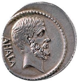 This coin of his shows Lucius Iunius Brutus, the legendary first consul and founder of the Roman Republic.