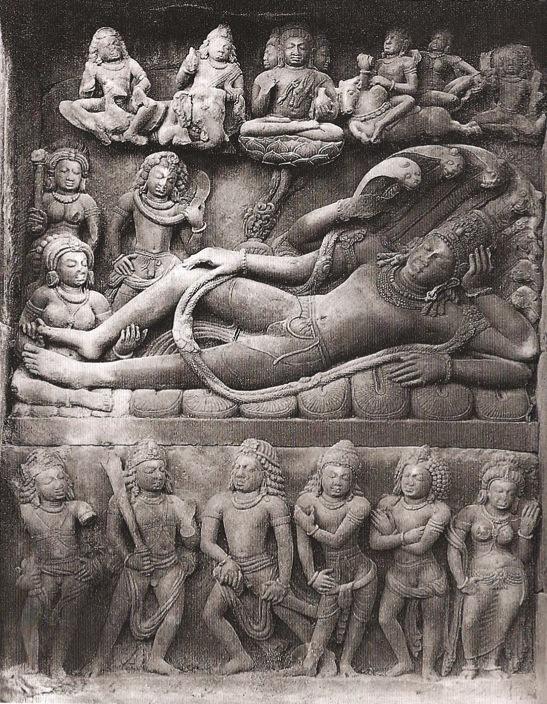 A popular creation myth features Vishnu as Narayana who reclines