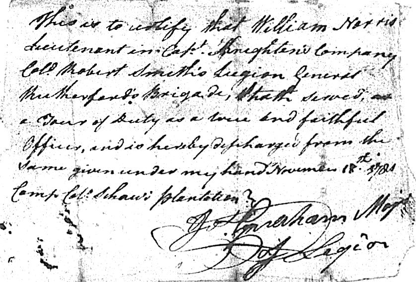 given under my hand November 18 th 1781 Camp Col. Shaw's plantation. S/ Jos.