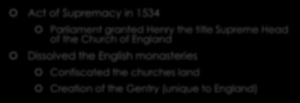 King Henry VIII Act of Supremacy in 1534 Parliament granted Henry the title Supreme Head of the Church of