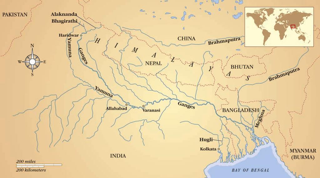 The Ganges River flows 1,560 miles (2,510 km) from its source in the Himalayas to its mouth at the Bay of Bengal.