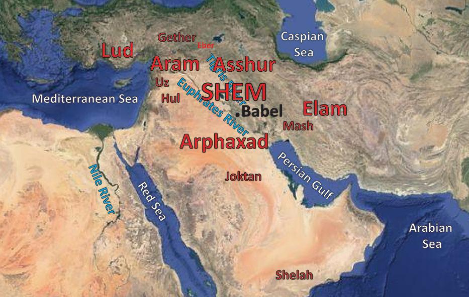 Map 8: Settlement of the Descendants of after the Tower of Babel Four Generations By size: Gen. 1 SHEM Gen. 2 Asshur Gen. 3 Gether Gen.