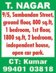 NUNGAMBAKKAM, near Siva Temple, 1530 sq.ft, UDS 742 sq.ft, 3 bedrooms, hall, kitchen, flat for sale, 2 nd floor, 11 years old, Rs. 1.55 crores, cash party contact: N. Ramasubramani, Ph: 2821 1468.