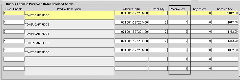 7) Kemudian, maklumat akan dipaparkan di ruangan Query All Item in Purchase Order Selected Above. Pengguna hanya boleh edit medan Receive Qty seperti yang ditunjukkan di Rajah 1.5.