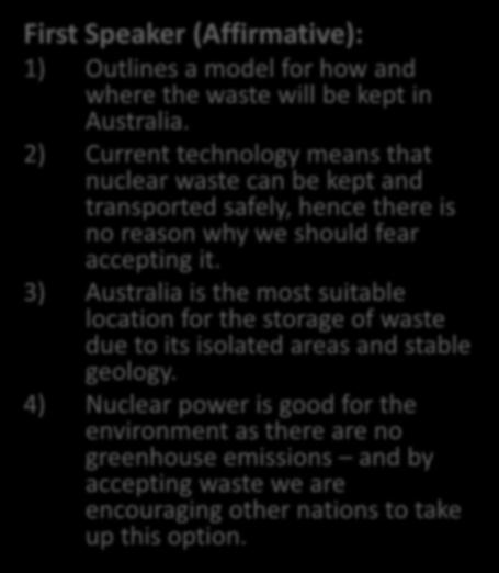That Australia should accept First Speaker (Affirmative): 1) Outlines a model for how and where the waste will be kept in Australia.