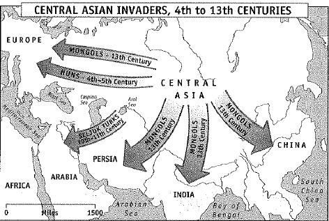 The Huns, repelled by the Chinese emperors, invaded Europe and contributed to the collapse of the Roman Empire. Later, the Turks and Mongols also came out of Central Asia.