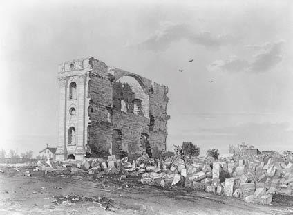 Piercy visited the site of the Nauvoo Temple. The Temple had been burned on October 10, 1848, and a few years later a storm blew much of it down.
