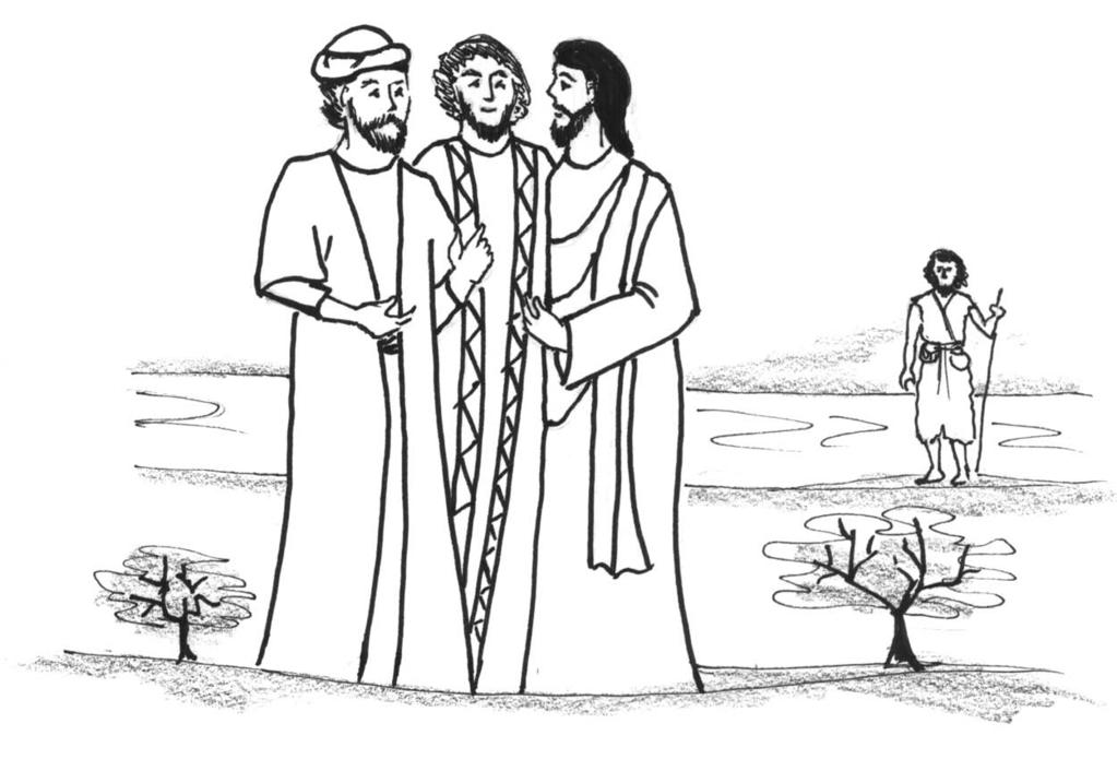 The next day John was standing by the river, with two of his disciples, and Jesus walked by. He watched Jesus.