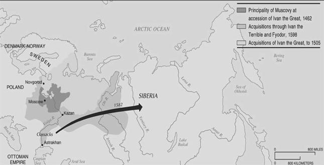Russian Expansion Under the Early Tsars From its base in the Moscow region, Russia expanded in three directions (N; W; S); the move into Siberia under Ivan the Terrible