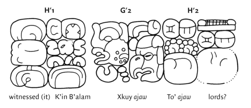On Zoomorph G, K'in Kuch B'ahlam appears as the subject of a secondary verb yilaj, though in this case he is linked to a group of lords from a polity called To' (Fig. 5).