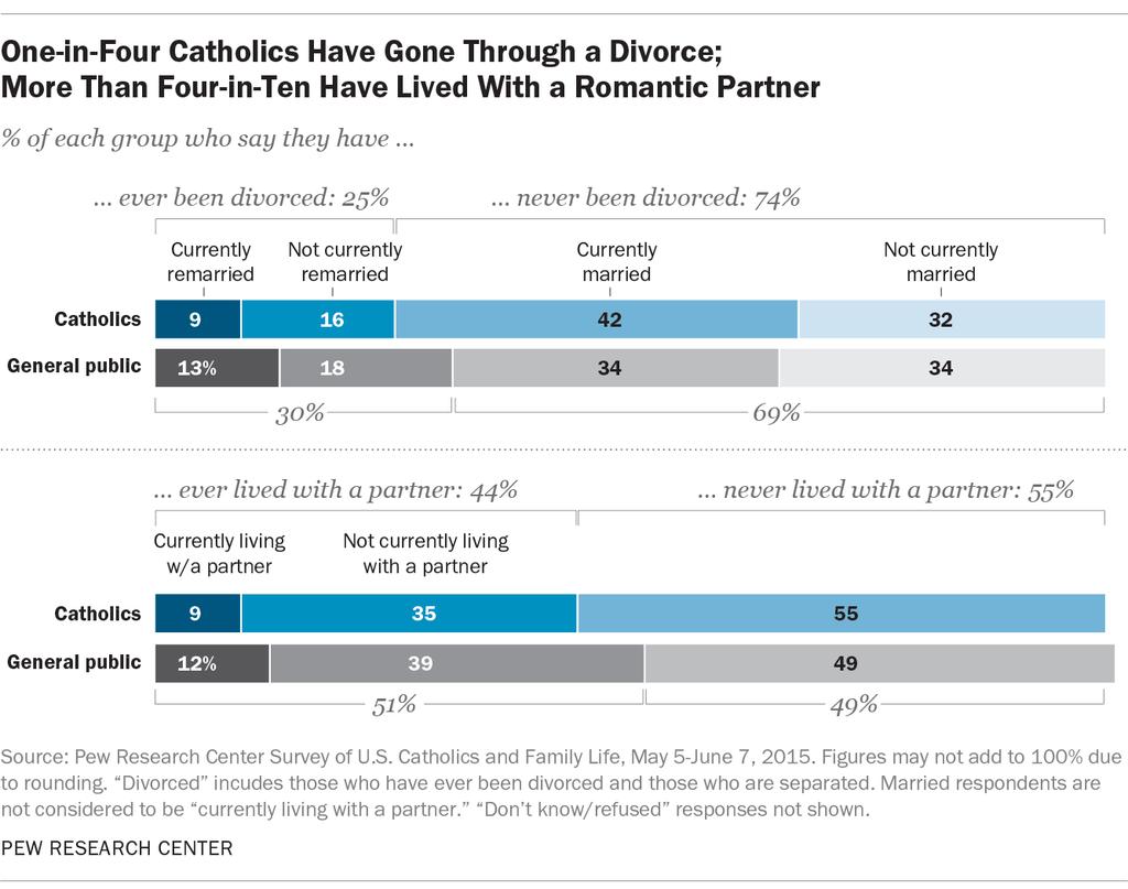 10 The new survey finds that a quarter of U.S. Catholic adults have gone through a divorce, including about one-in-ten (9%) who are now remarried.