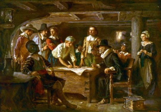 Pilgrims/Separatists Left England to secure religious liberties; landed at Plymouth, MA - 1620 Mayflower Compact: signed onboard by all 41 men of colony - Agreement to comply with whatever laws they