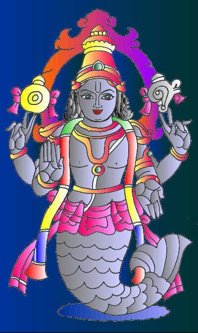 Matsya Vishnu s avatars Matsya, the fish, helped warn Manu of the coming deluge (flood) that would destroy all