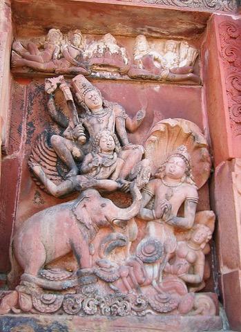 HINDU ART NARRATIVE TRADITIONS We also see certain moments of intervention by gods as in this image of Vishnu riding through the air on Garuda to free Gajendra, an elephant devotee trapped in a lotus