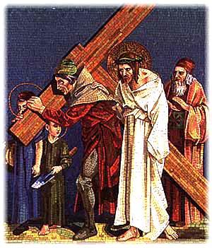 FIFTH STATION Simon of Cyrene Helps Jesus To Carry His Cross And when they had mocked Jesus, they took the purple cloak off and put his own clothes on him, and they led him out to be crucified.