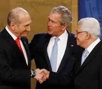 Ehud Olmert and Palestinian President Mahmoud Abbas with US President Bush