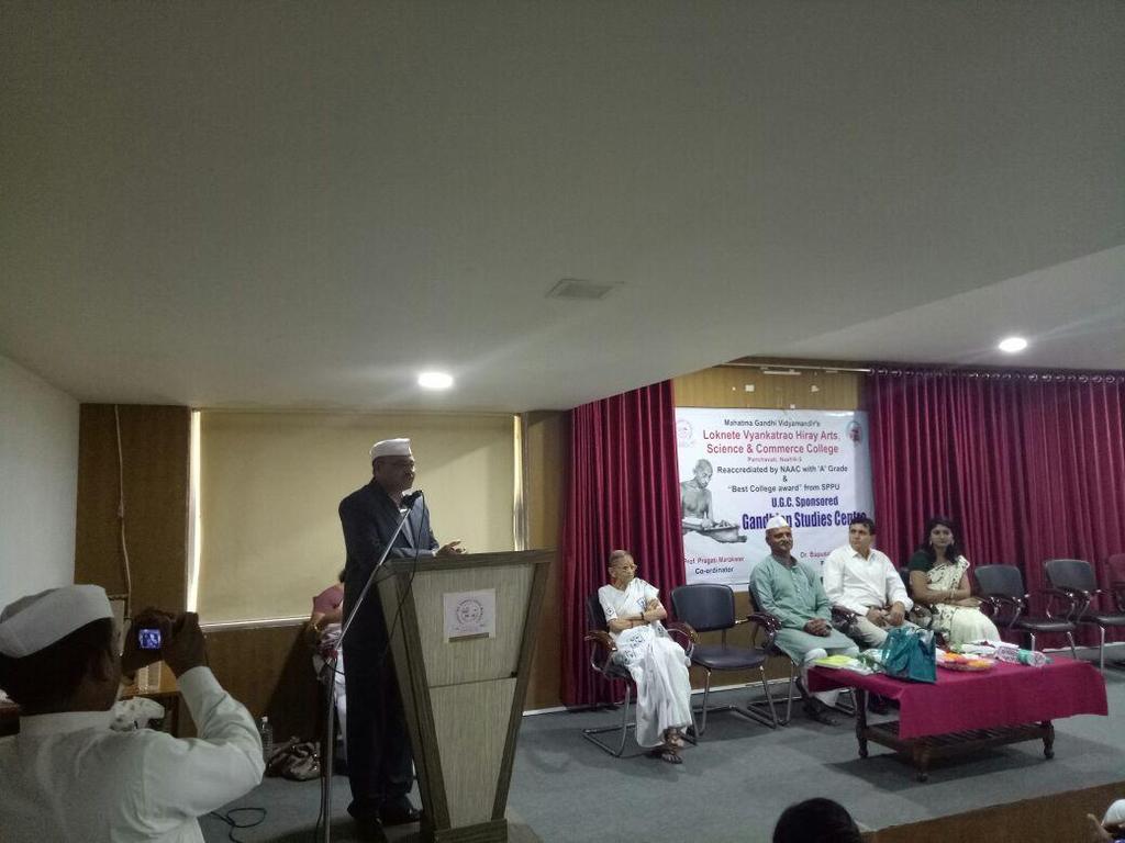 Prin. Dr. Bapusaheb Jagdale delivering Presidencial speech in Gandhian Studies centre workshop Adevoted Gandhian Philosopher Shree Mukund Dixit and Prof. Dr. Milind Wagh worked as Resource Persons for this workshop.