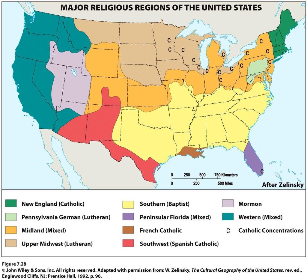 Figure 7.28 Major Religious Regions of the United States.