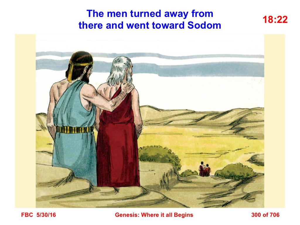 22 Then the men turned away from there and went toward Sodom, while Abraham was still standing before the LORD (Gen. 18:22). 18:22 Only the two angels went to Sodom.