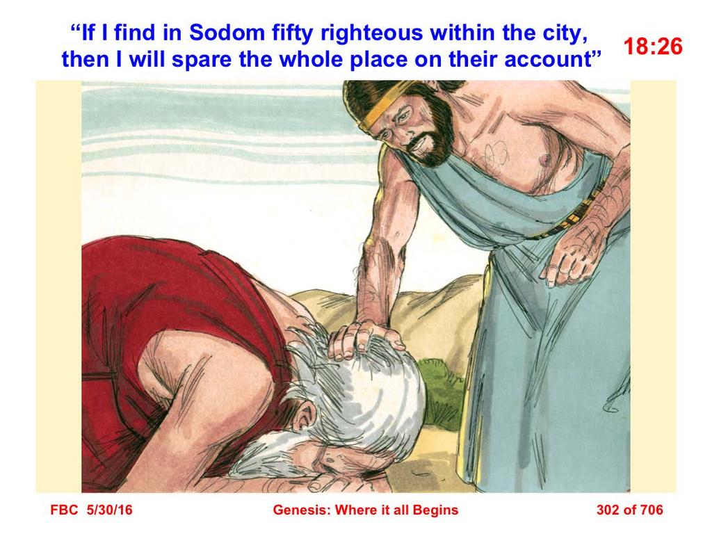 26 So the LORD said, If I find in Sodom fifty righteous within the city, then I will spare the whole place on their account (Gen. 18:26).