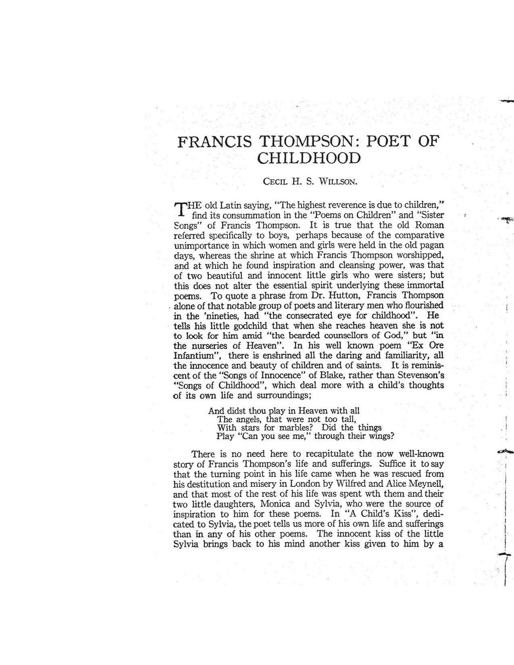 - FRANCIS THOMPSON: POET OF CHILDHOOD CECIL H. S. WILLSON.